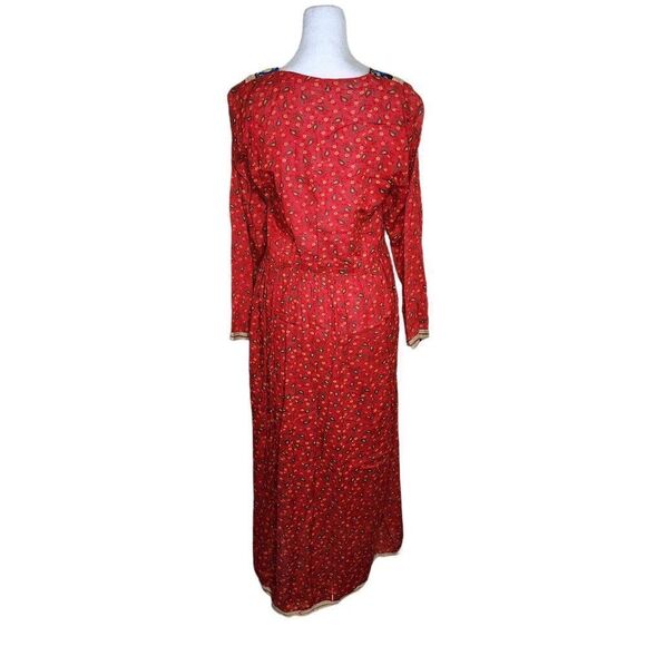 Vintage 70s Boho Maxi Peasant Dress Womens Size M Red Gauze Ethnic Embroidered T - Picture 3 of 5